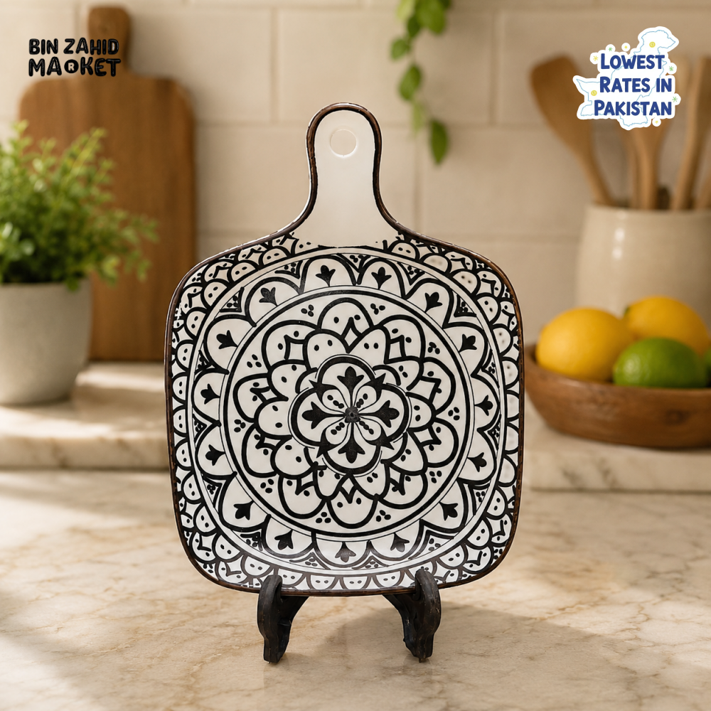 DECORATIVE CERAMIC SERVING BOARD - BLACK & WHITE MANDALA DESIGN
