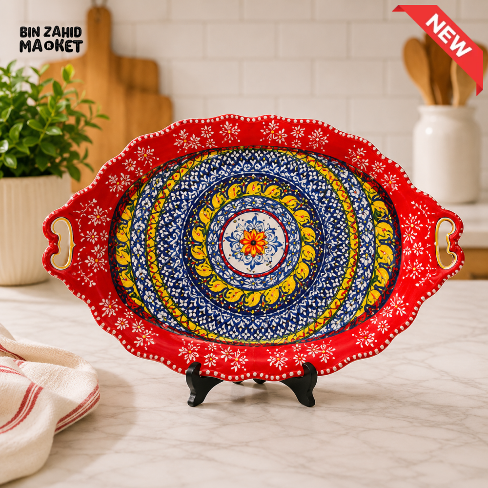 KASHGAR POTTERY OVAL CERAMIC SERVING PLATTER WITH HANDLES