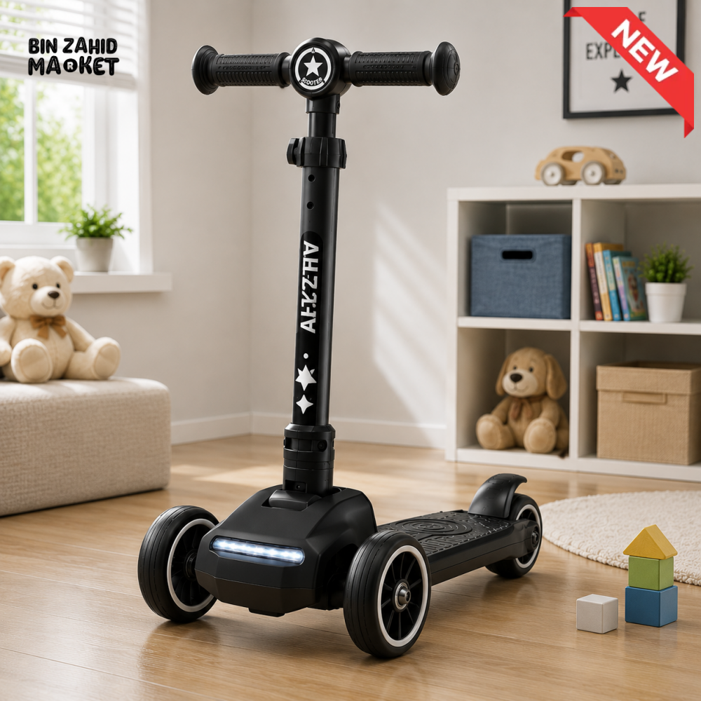 KIDS 3-WHEEL LED FOLDABLE SCOOTER WITH ADJUSTABLE HANDLE - BLACK