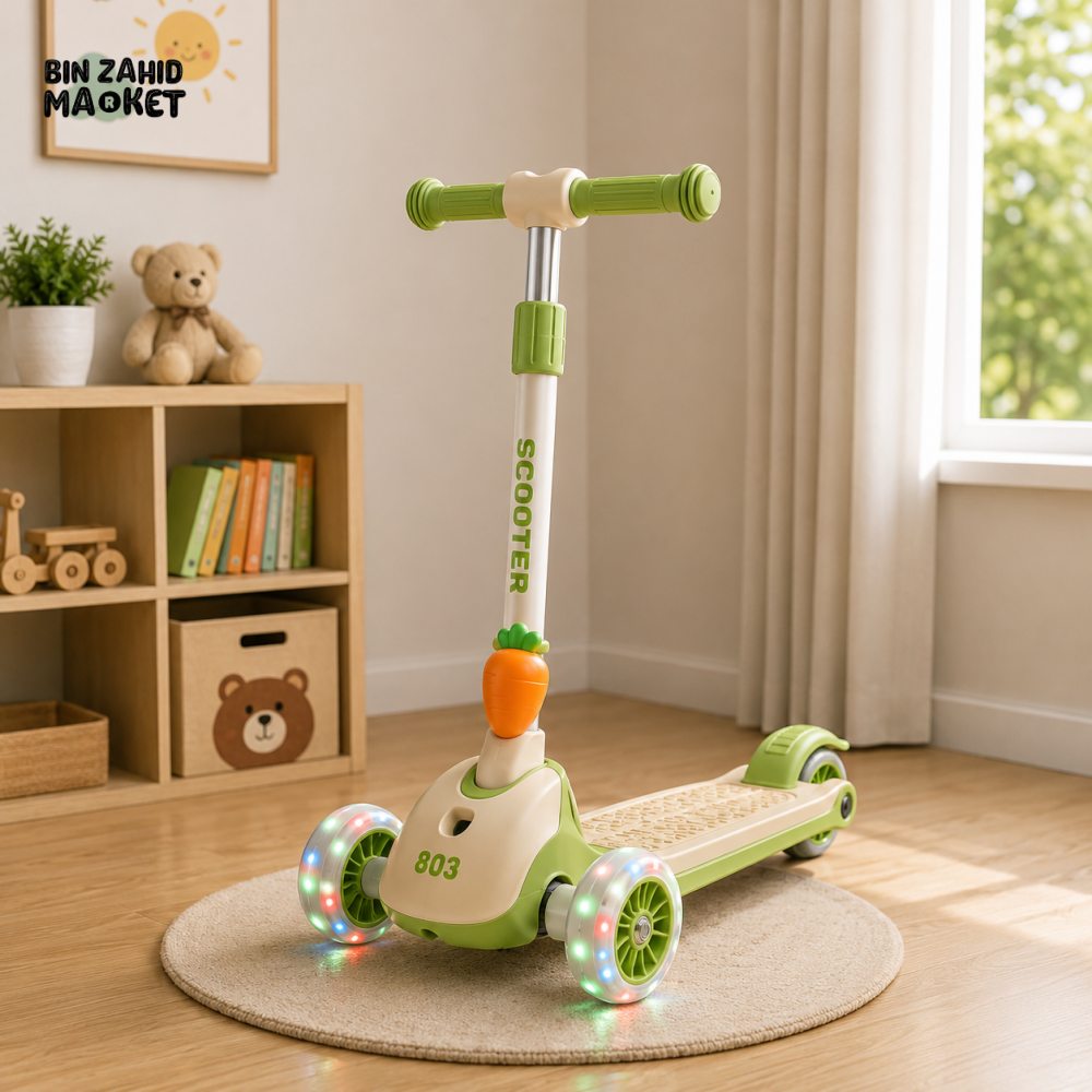 KIDS BALANCE SCOOTER WITH SEAT AND FLASH WHEELS - GREEN