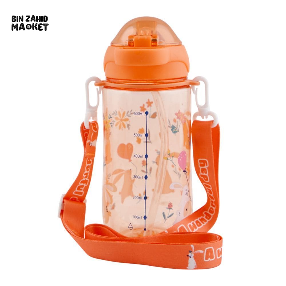 KIDS CARTOON FANCY WATER BOTTLE WITH CAP LOCK & HANDLE ORANGE SB-07 600ML