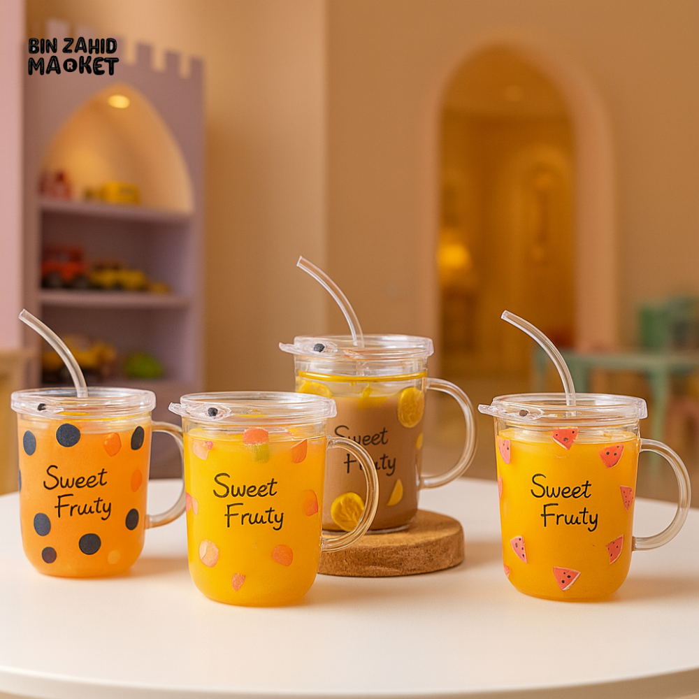 KIDS LUXURY FRUIT JUICE CUPS WITH STRAW – SWEET FRUITY PLAYROOM DRINKWARE SET ZQ 048