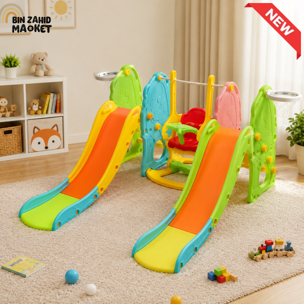 KIDS MULTIFUNCTIONAL SLIDE WITH SWING AND BASKETBALL HOOP