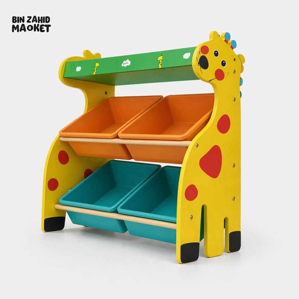 KIDS WOODEN STORAGE RACK WITH 4 BASKETS GIRAFFE DESIGN