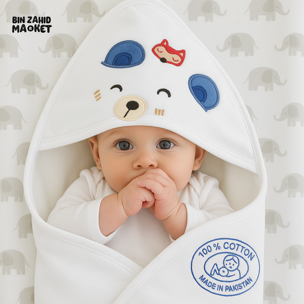 KIDZO 100% COTTON BABY HOODED WRAPPING SHEET – EMBROIDERED BEAR & FOX DESIGN SOFT NEWBORN WRAP