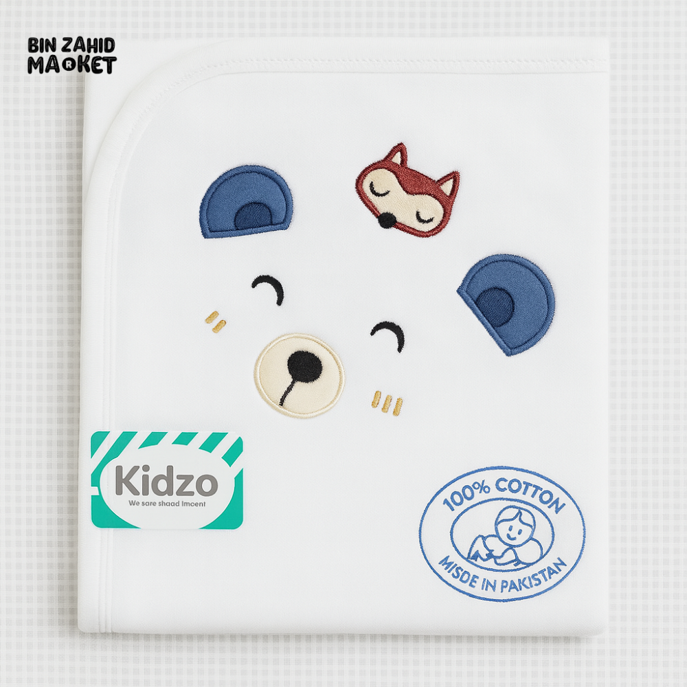 KIDZO 100% COTTON BABY HOODED WRAPPING SHEET – EMBROIDERED BEAR & FOX DESIGN SOFT NEWBORN WRAP