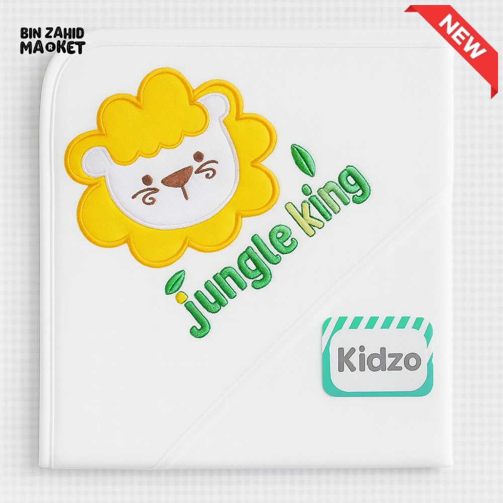 KIDZO 100% COTTON BABY WRAPPING SHEET – WHITE WITH JUNGLE KING LION EMBROIDERY SOFT & COMFORTABLE NEWBORN WRAP