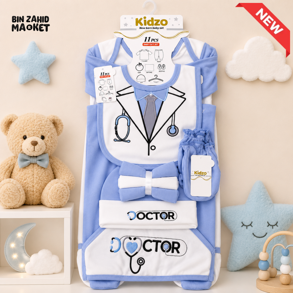 KIDZO 11 PCS NEWBORN BABY STARTER GIFT SET – DOCTOR EMBROIDERED DESIGN (BABY BLUE)
