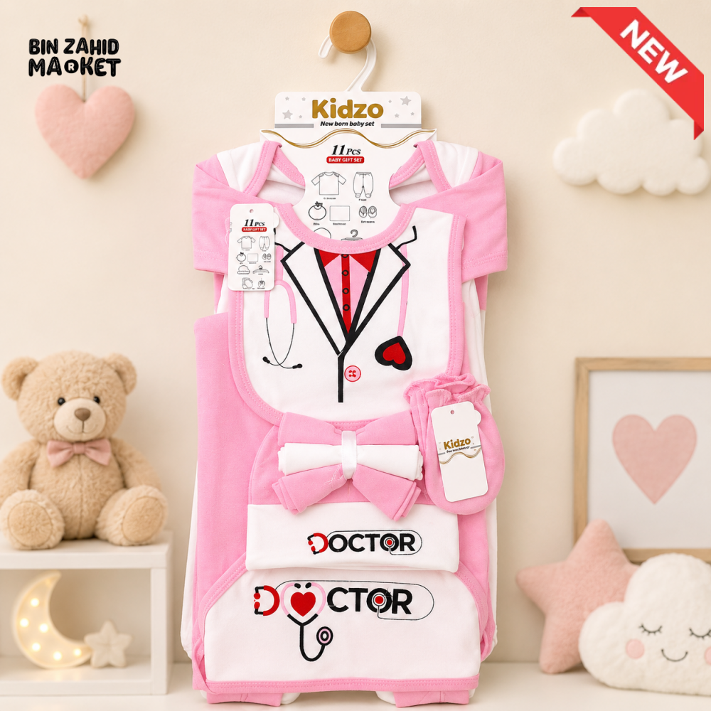 KIDZO 11 PCS NEWBORN BABY STARTER GIFT SET – DOCTOR EMBROIDERED DESIGN (PINK)