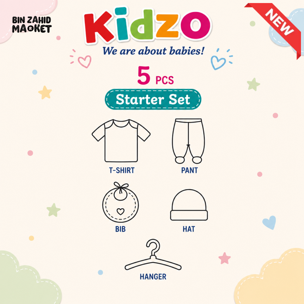 KIDZO 5 PCS NEWBORN BABY GIFT SET – PRINCE EMBROIDERED DESIGN (WHITE)
