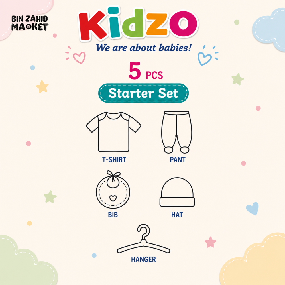 KIDZO 5 PCS NEWBORN BABY GIFT SET – PRINCE EMBROIDERED DESIGN (WHITE)