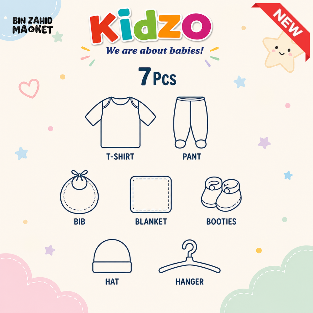 KIDZO 7 PCS NEWBORN BABY GIFT SET – WELCOME TO THE WORLD DESIGN (WHITE)
