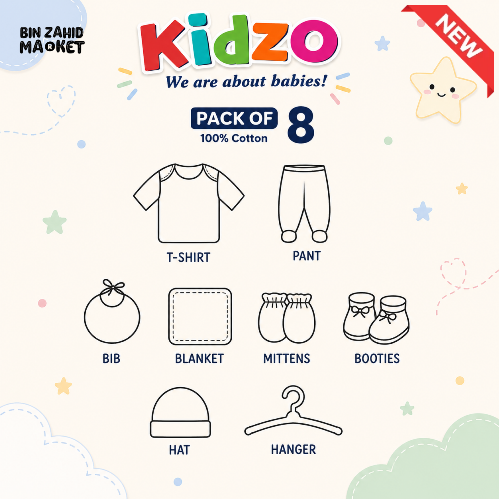 KIDZO 8 PCS NEWBORN BABY GIFT SET – AIRPLANE EMBROIDERED DESIGN (WHITE)