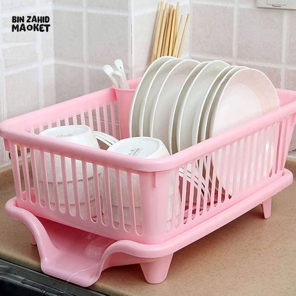 KITCHEN DISH DRYING RACK LARGE PLASTIC DRAINER WITH DRIP TRAY SPOONS & FORKS HOLDER