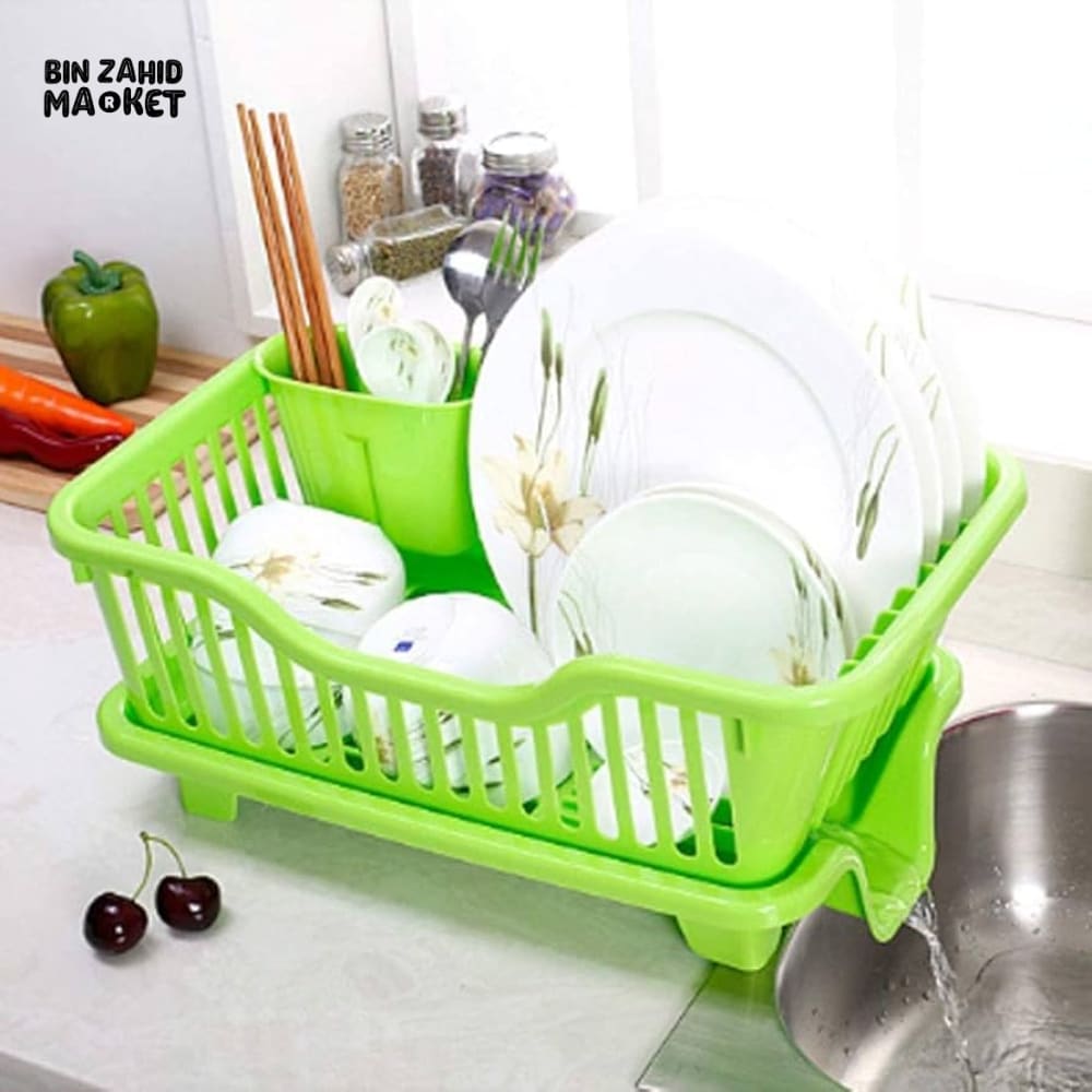 KITCHEN DISH DRYING RACK LARGE PLASTIC DRAINER WITH DRIP TRAY SPOONS & FORKS HOLDER