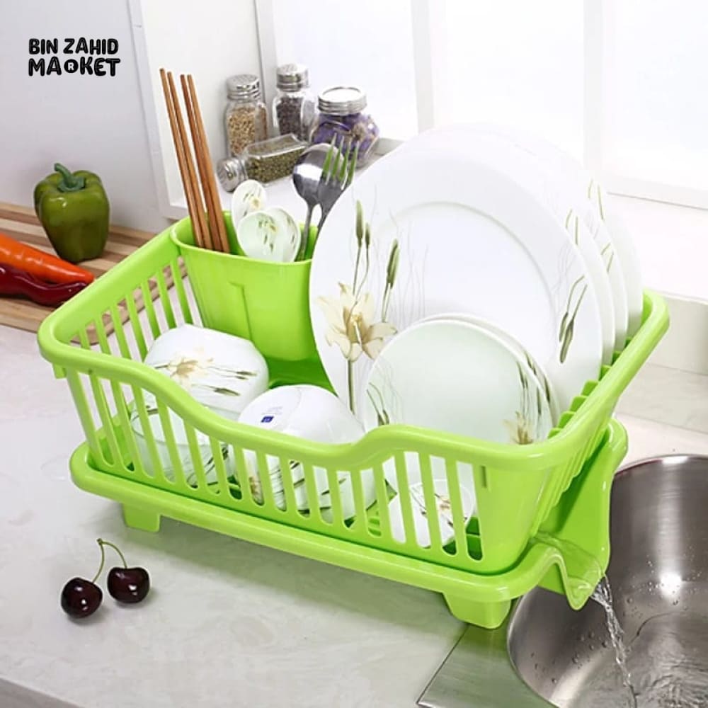 KITCHEN DISH DRYING RACK LARGE PLASTIC DRAINER WITH DRIP TRAY SPOONS & FORKS HOLDER