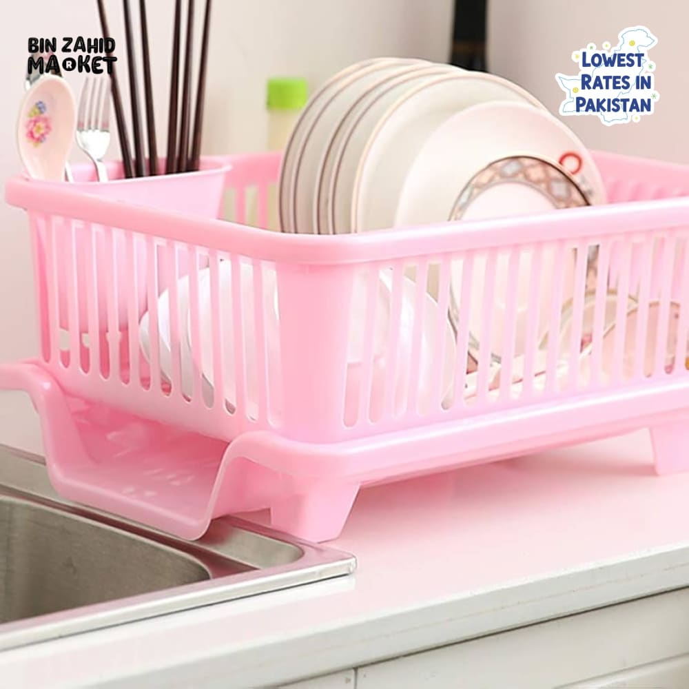 KITCHEN DISH DRYING RACK LARGE PLASTIC DRAINER WITH DRIP TRAY SPOONS & FORKS HOLDER