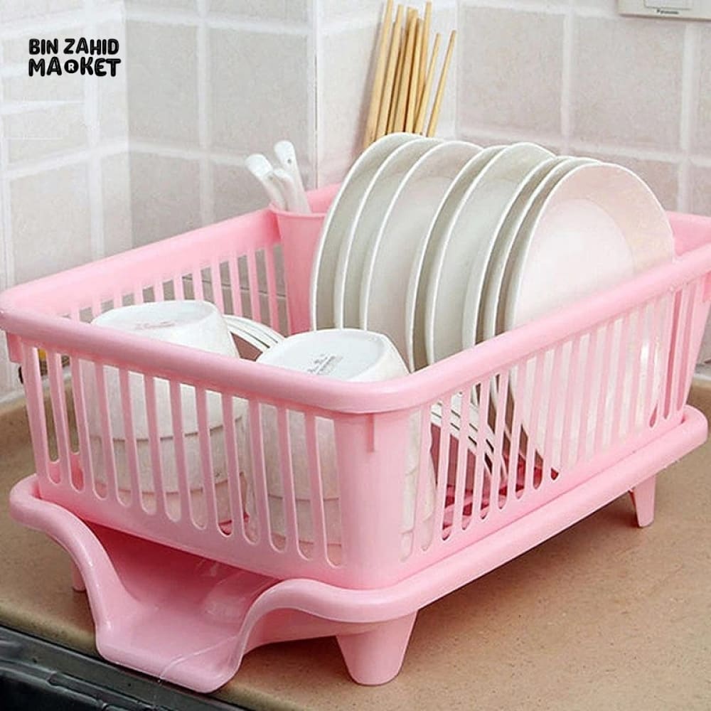 KITCHEN DISH DRYING RACK LARGE PLASTIC DRAINER WITH DRIP TRAY SPOONS & FORKS HOLDER