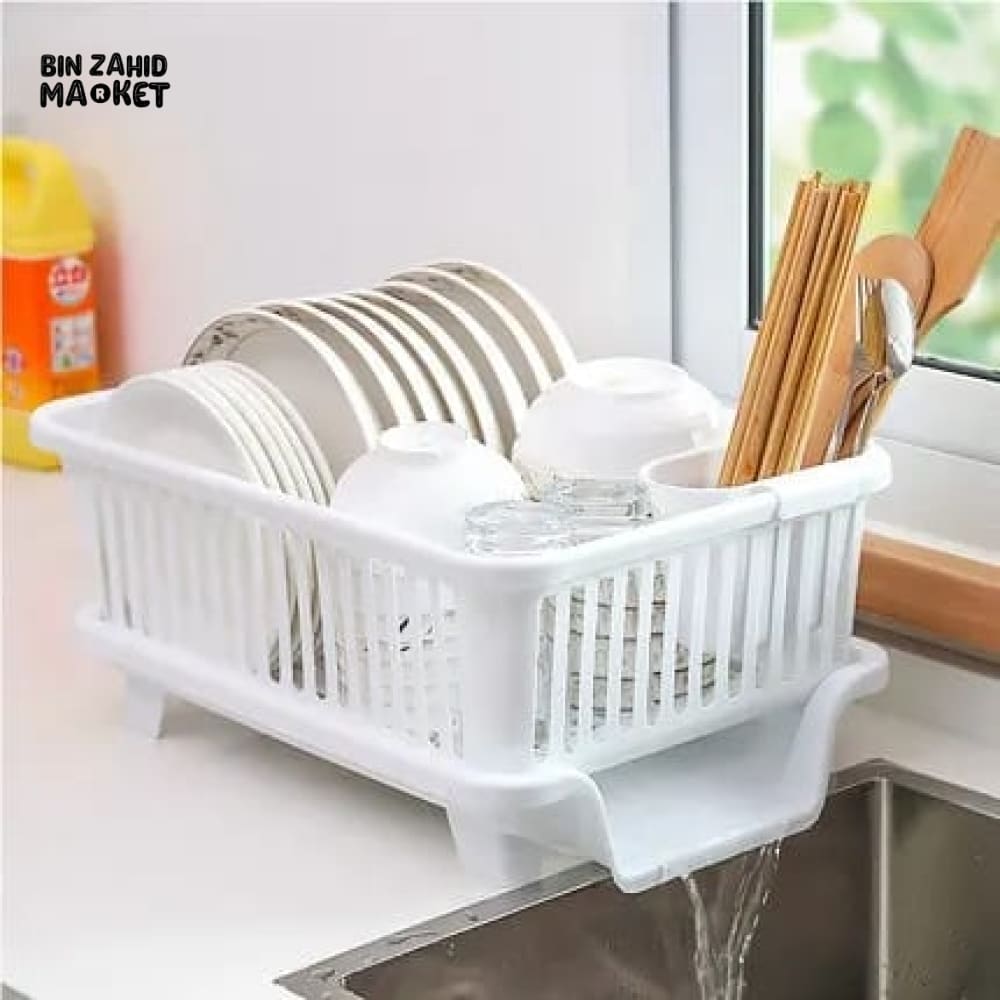 KITCHEN DISH DRYING RACK LARGE PLASTIC DRAINER WITH DRIP TRAY SPOONS & FORKS HOLDER
