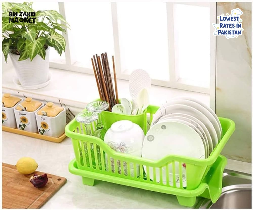 KITCHEN DISH DRYING RACK LARGE PLASTIC DRAINER WITH DRIP TRAY SPOONS & FORKS HOLDER