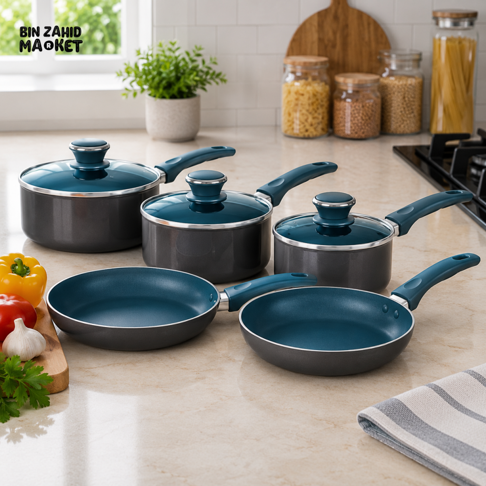 BLACK & TEAL NON-STICK COOKWARE SET - 8 PIECE SET