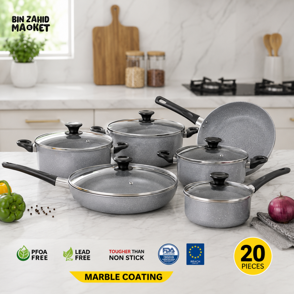 KITCHEN KING GREY 20-PIECE MARBLE COATED COOKWARE SET