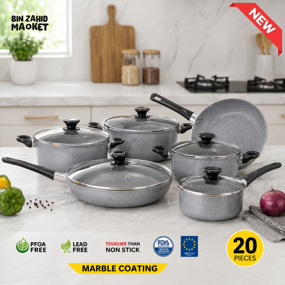 KITCHEN KING GREY 20-PIECE MARBLE COATED COOKWARE SET