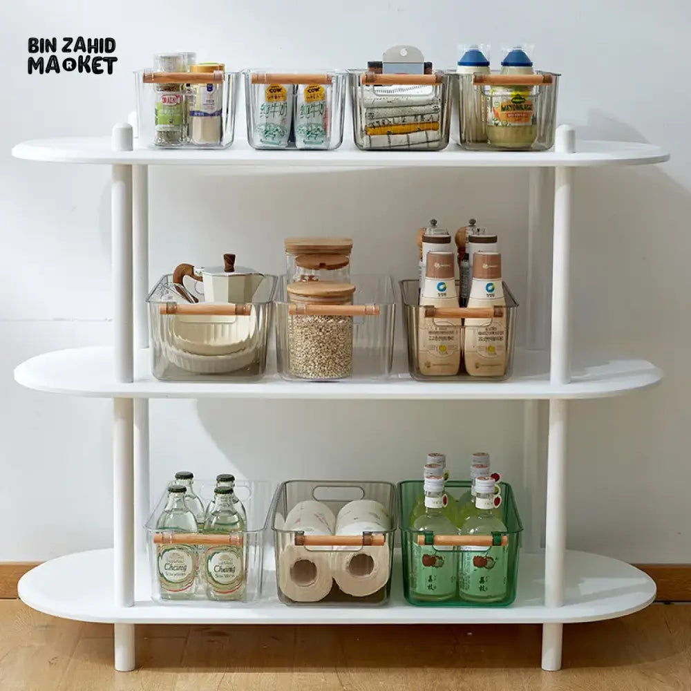 KITCHEN TABLE STORAGE BOX WITH WOODEN HANDLE – STRIPE DESIGN UTILITY ORGANIZER WITH LID & DRAWERS