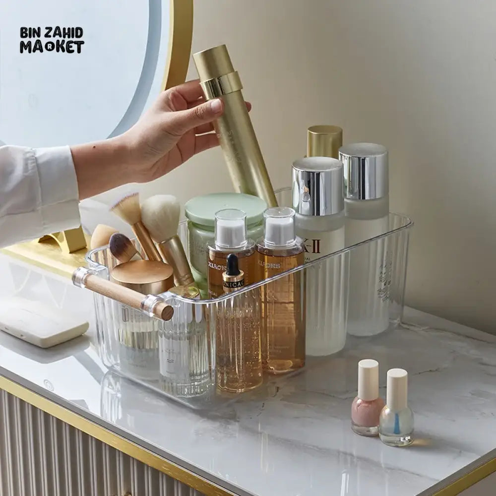 KITCHEN TABLE STORAGE BOX WITH WOODEN HANDLE – STRIPE DESIGN UTILITY ORGANIZER WITH LID & DRAWERS
