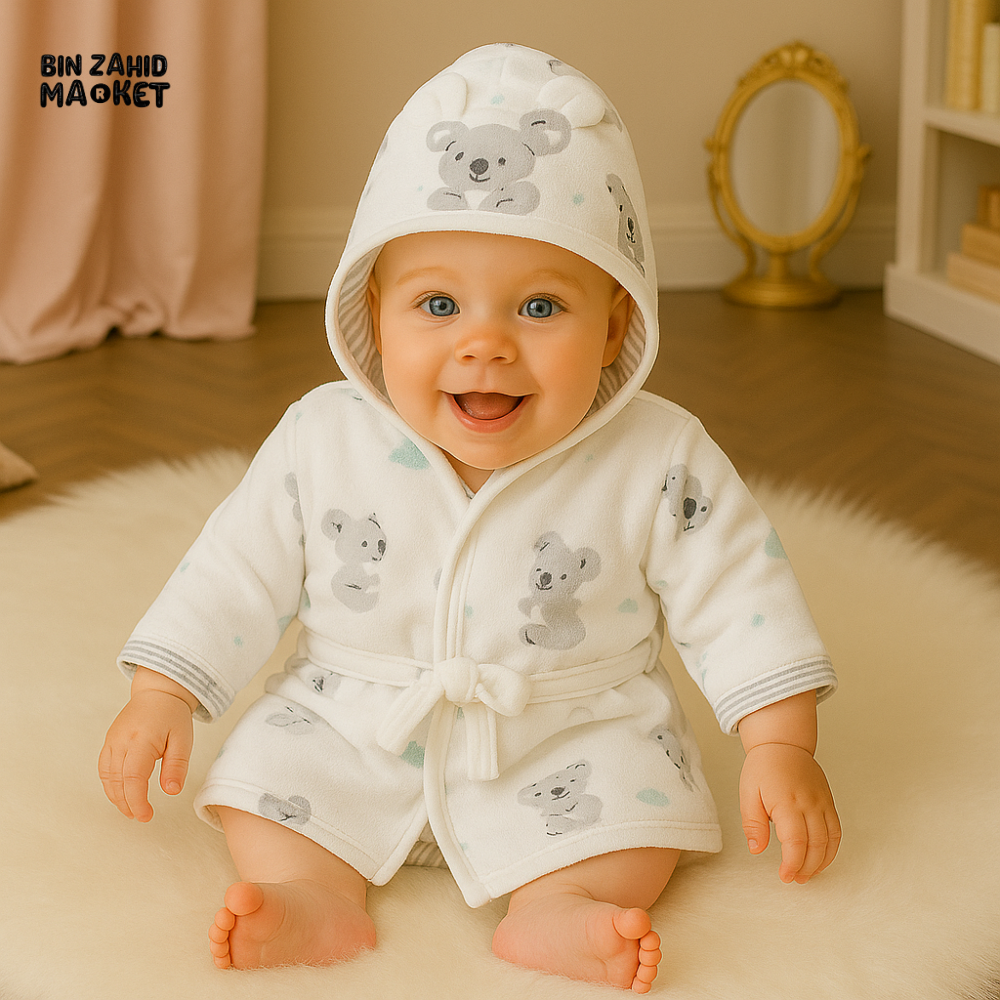KOALA 6MONTHS+ BABY KOALA PRINT HOODED BATHROBE – SOFT COTTON TOWEL ROBE FOR NEWBORNS