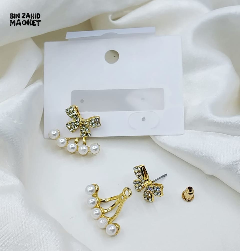 KOREAN LUXURY ZIRCON BOW STUD EARRINGS FOR WOMEN, PEARL BOW KNOT JEWELRY Gold