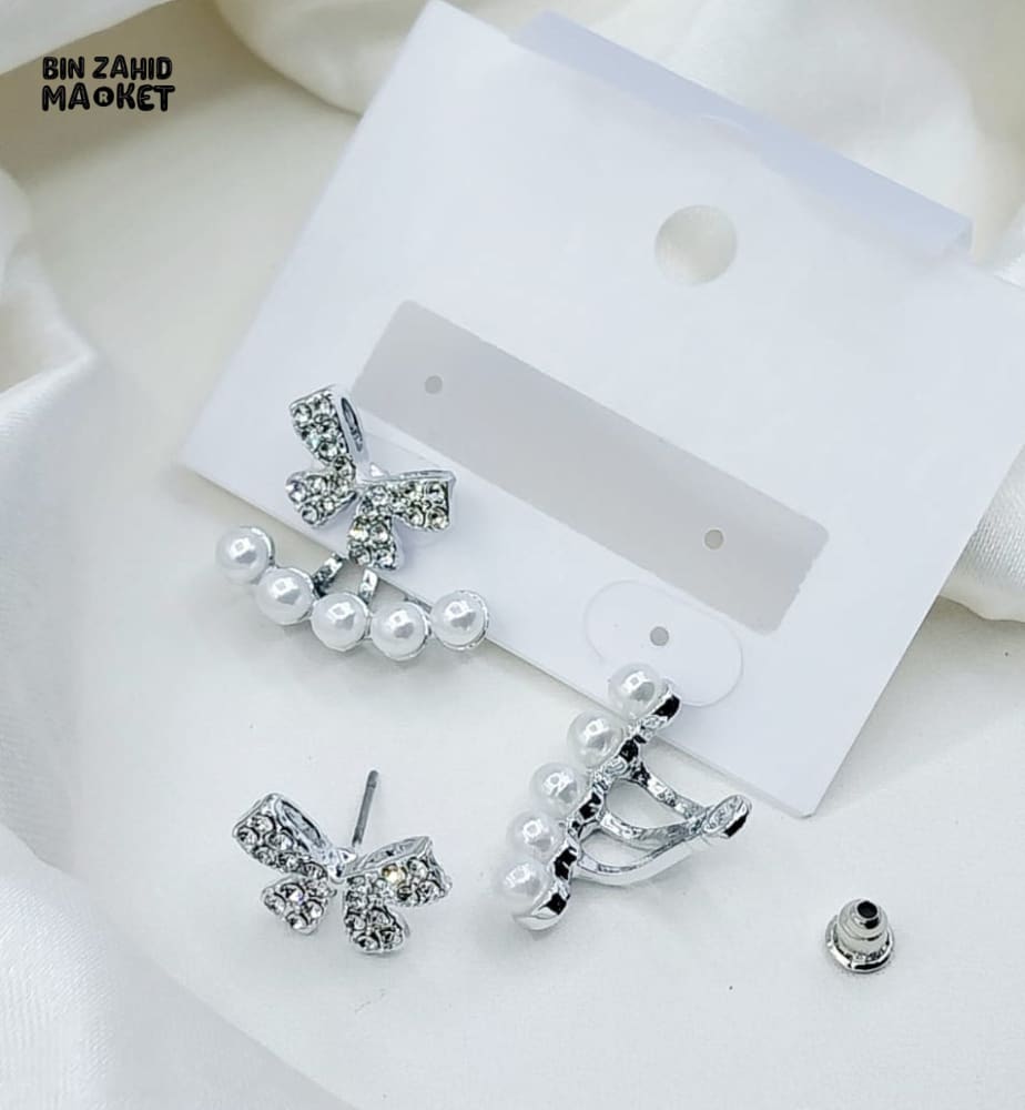 KOREAN LUXURY ZIRCON BOW STUD EARRINGS FOR WOMEN, PEARL BOW KNOT JEWELRY Silver