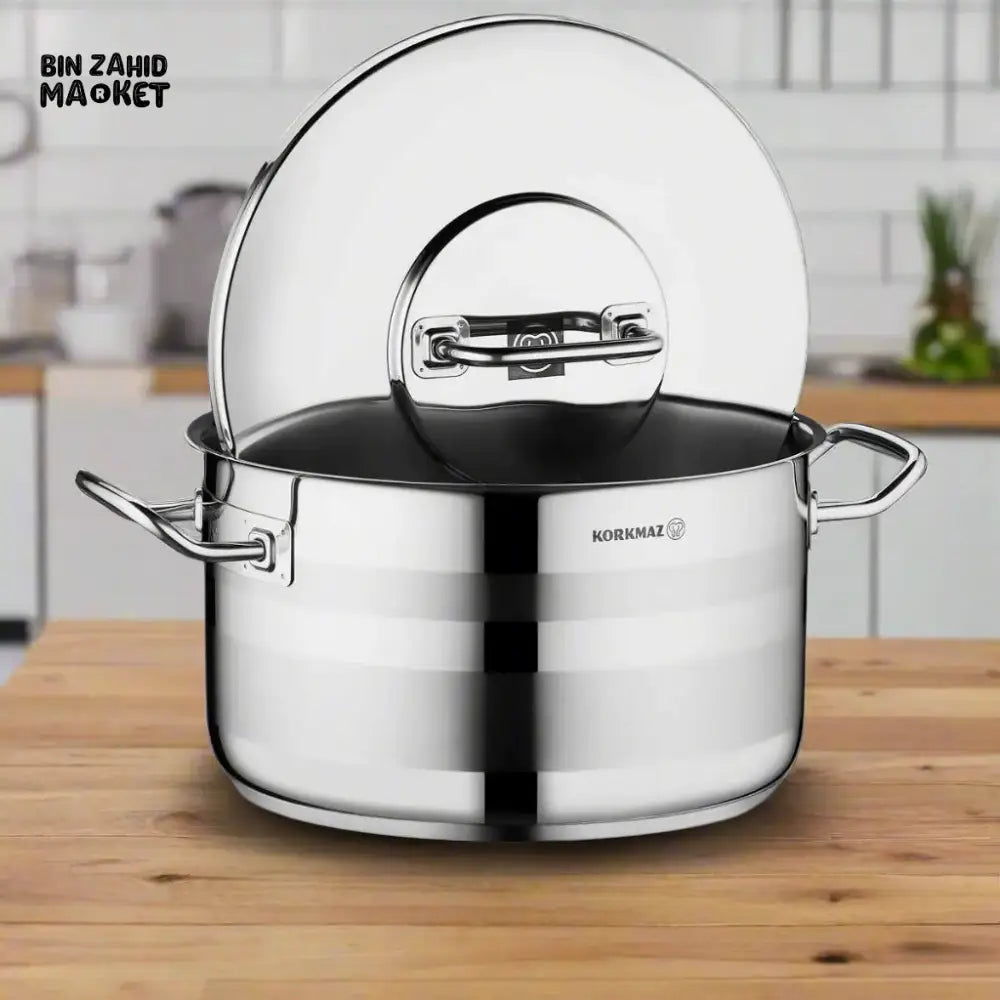 KORKMAZ ASTRA2 SHORT POT LARGE-CAPACITY STAINLESS STEEL COOKING POT SUITABLE FOR ALL HEAT SOURCES INCLUDING INDUCTION - 32X19 CM (A2029)