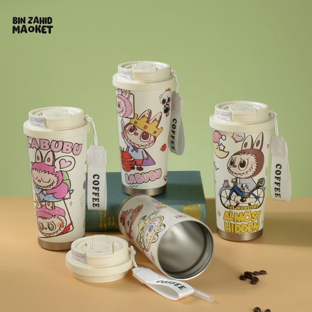 LABUBU COFFEE MUG – CUTE CARTOON INSULATED TRAVEL CUP WITH LID, LEAKPROOF PORTABLE THERMOS TUMBLER FOR HOT & COLD DRINKS