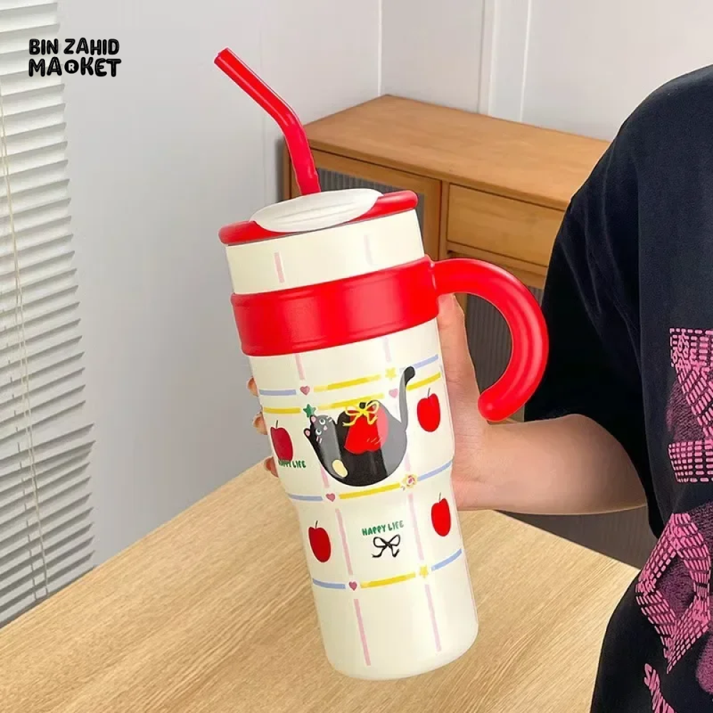 LARGE CAPACITY INSULATED WATER BOTTLE CARTOON STRAW CUP FOR GIRLS & STUDENTS