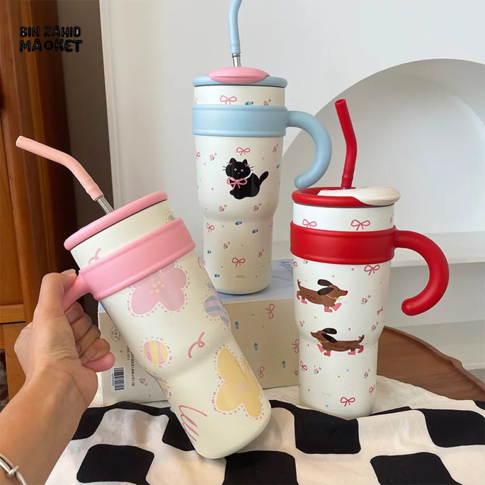 LARGE CAPACITY INSULATED WATER BOTTLE CARTOON STRAW CUP FOR GIRLS & STUDENTS