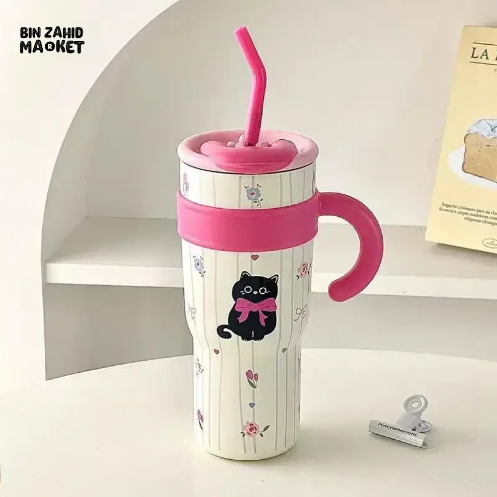 LARGE CAPACITY INSULATED WATER BOTTLE CARTOON STRAW CUP FOR GIRLS & STUDENTS