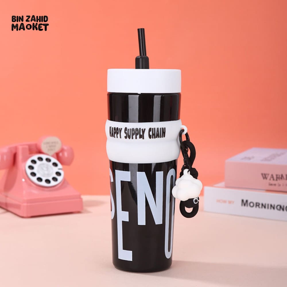 LARGE CAPACITY PLASTIC WATER BOTTLE 900ML – CUTE PORTABLE CUP WITH LID & STRAW SPORTS DRINKING WATER CUP FOR GIRLS & CAR USE