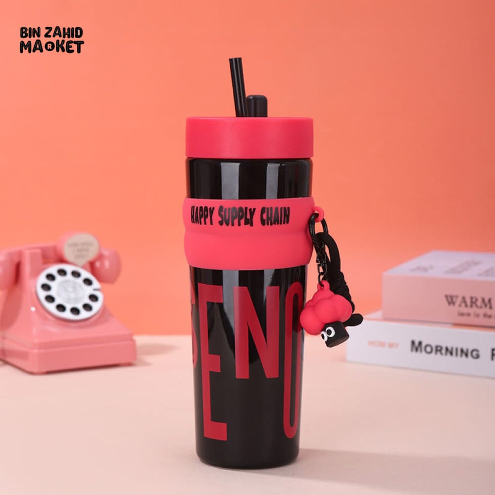 LARGE CAPACITY PLASTIC WATER BOTTLE 900ML – CUTE PORTABLE CUP WITH LID & STRAW SPORTS DRINKING WATER CUP FOR GIRLS & CAR USE