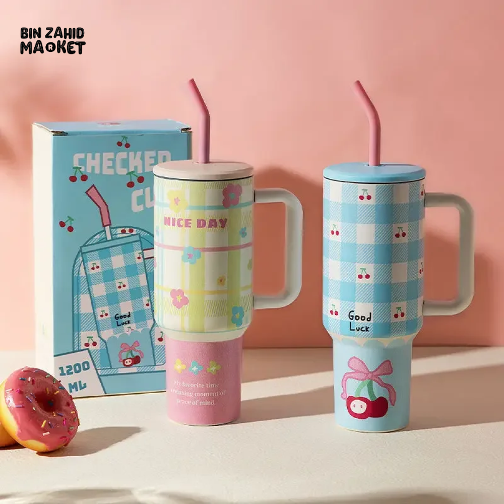 LARGE CAPACITY THERMOS STAINLESS STEEL THERMOS CUTE WITH HANDLE STRAW BEVERAGE COFFEE CUP DRINKING CUP