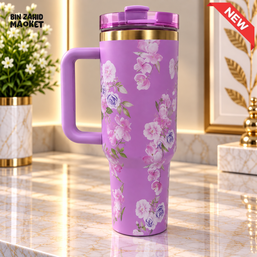 LAVENDER FLORAL STAINLESS STEEL INSULATED TRAVEL TUMBLER WITH HANDLE 40OZ