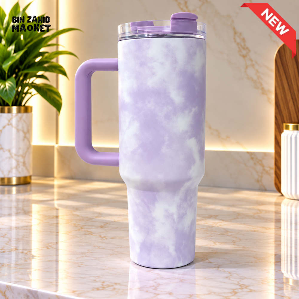 LAVENDER MARBLE STAINLESS STEEL INSULATED TRAVEL TUMBLER WITH HANDLE 40OZ