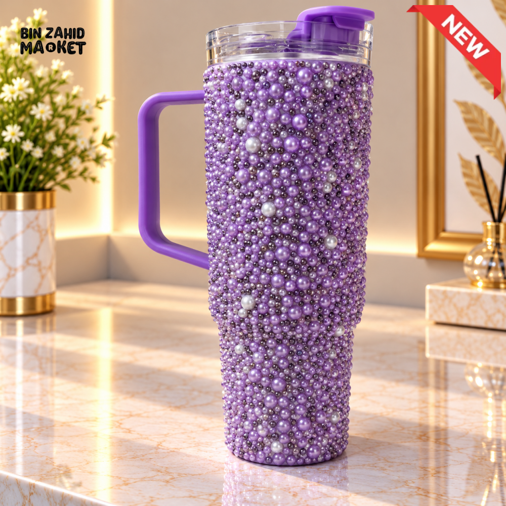 LAVENDER PEARL EMBELLISHED STAINLESS STEEL INSULATED TRAVEL TUMBLER WITH HANDLE 40OZ