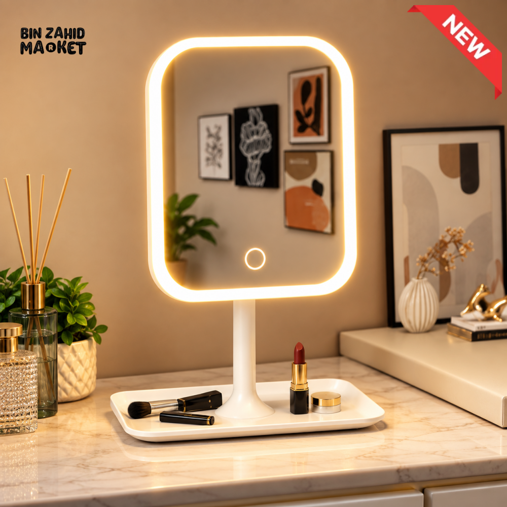 LED LIGHTED VANITY MIRROR WITH TOUCH CONTROL AND STORAGE TRAY