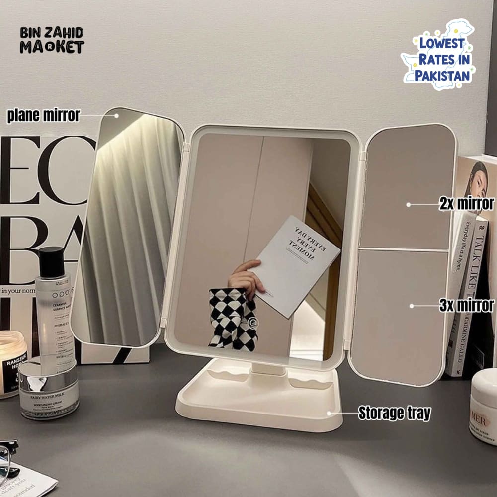 LED TRI-FOLD VANITY MAKEUP MIRROR