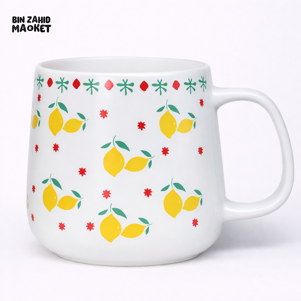 LEMON PRINT CERAMIC MUG – WHITE COFFEE & TEA CUP | CUTE FRUIT DESIGN