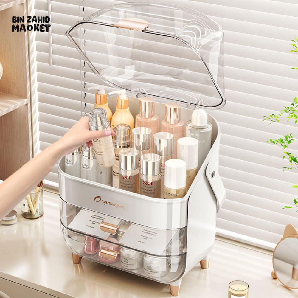LIGHT LUXURY COSMETIC STORAGE BOX – HIGH-QUALITY DUSTPROOF PORTABLE MAKEUP & SKINCARE ORGANIZER WITH LARGE CAPACITY