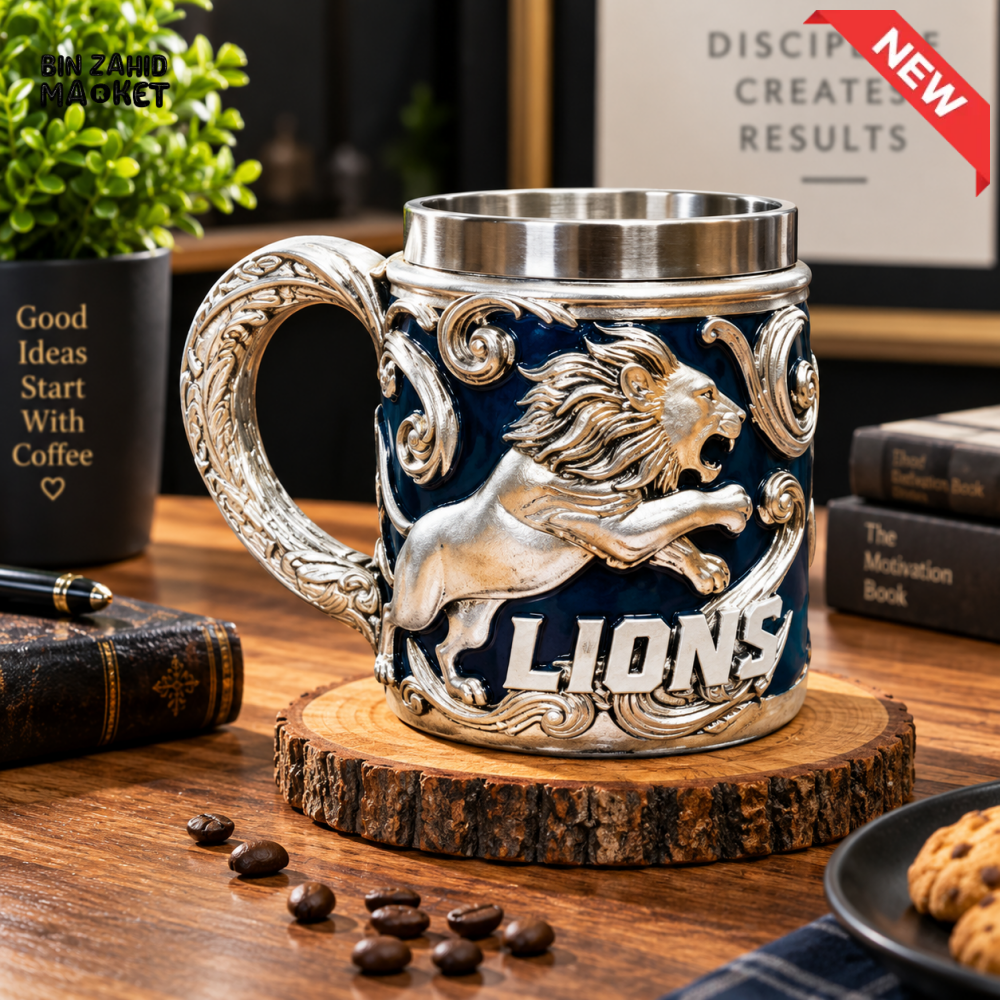 LION EMBOSSED STAINLESS STEEL COFFEE MUG WITH ORNATE HANDLE