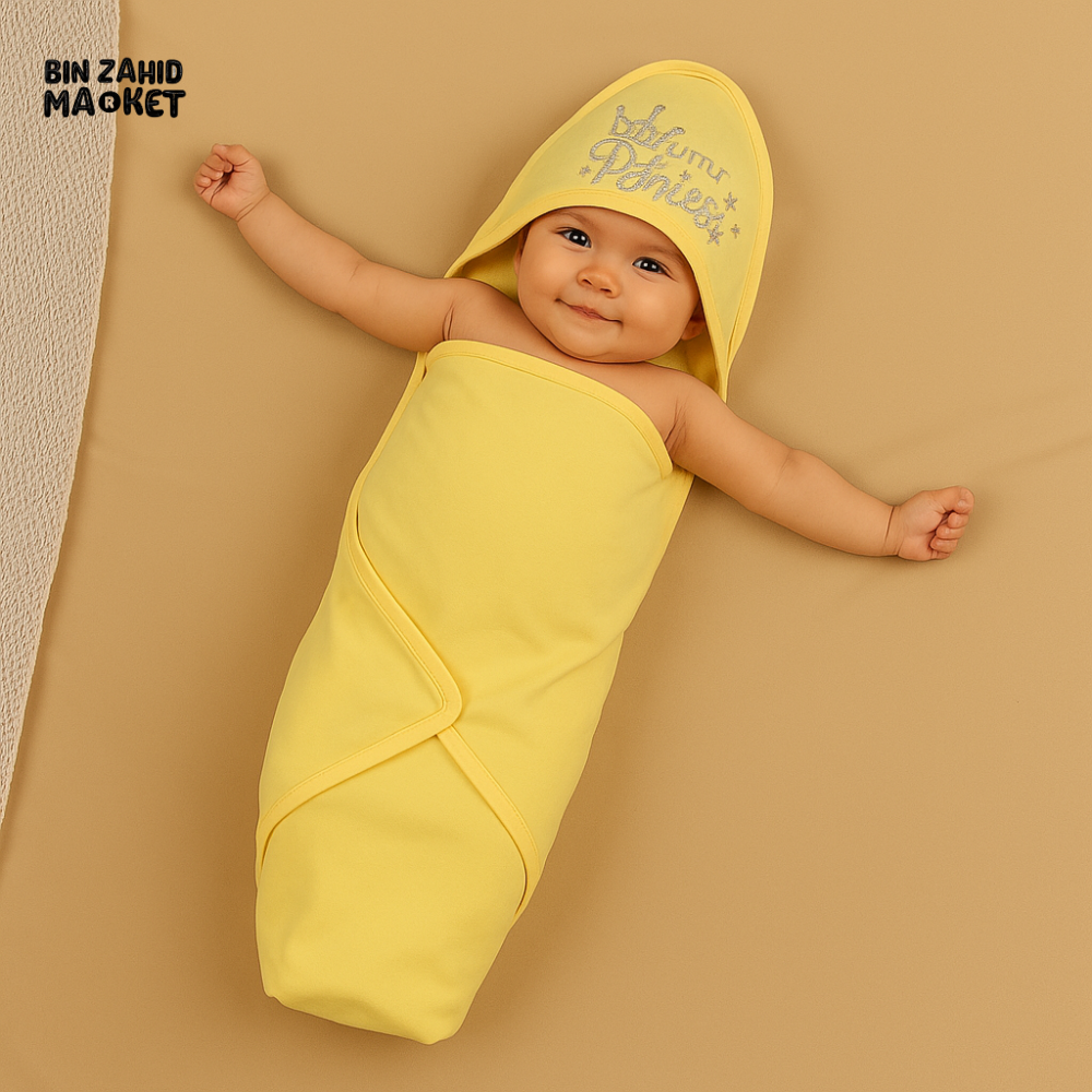 LITTLE PRINCESS YELLOW HOODED BABY WRAP – COTTON SWADDLE FOR NEWBORN