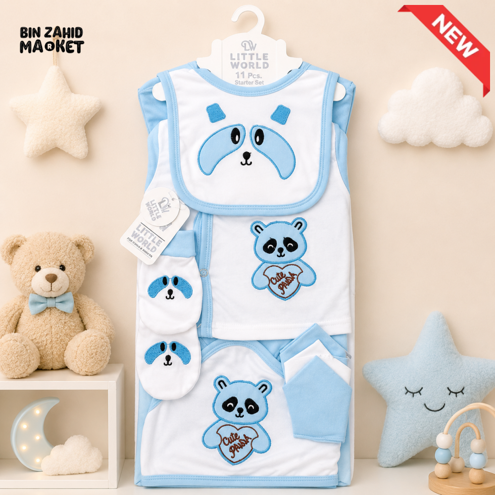 LITTLE WORLD 11 PCS NEWBORN BABY STARTER GIFT SET – PANDA EMBROIDERED DESIGN (BABY BLUE)
